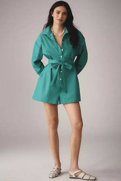 Maeve Long-sleeve Buttondown Poplin Romper In Green