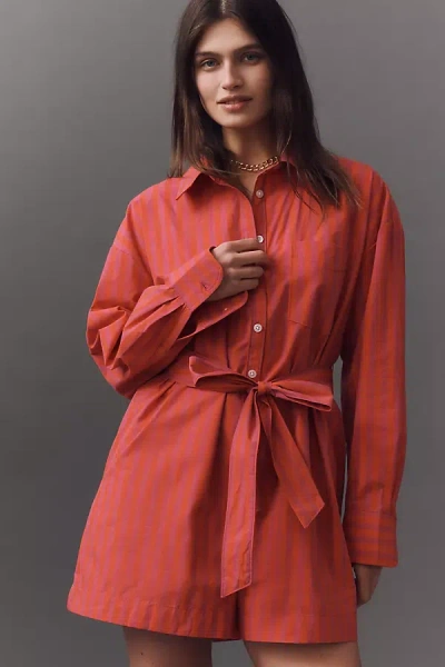 Maeve Long-sleeve Buttondown Poplin Romper In Pink