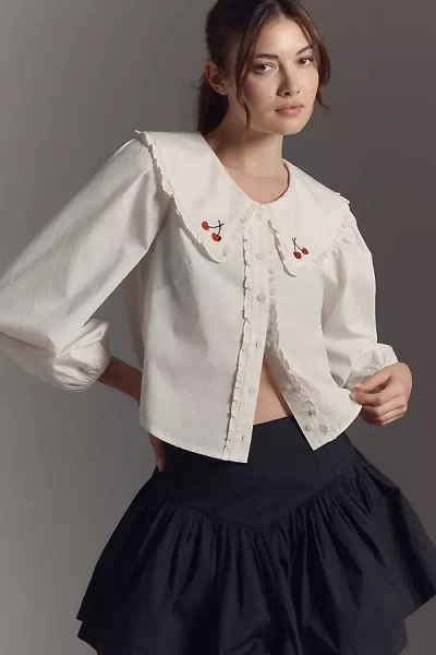 Maeve Long Sleeve Collared Ruffle Front Blouse In White Modesens