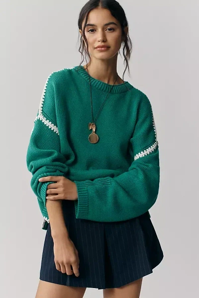 Maeve Long-sleeve Crew-neck Whipstitch Sweater In Green