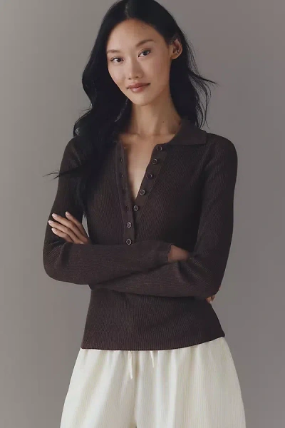 Maeve Long Sleeve Henley Polo Sweater In Brown
