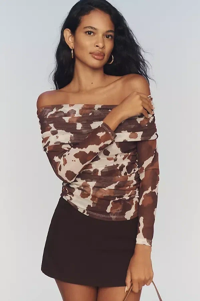 Maeve Long-sleeve Off-shoulder Sheer Top In Multi