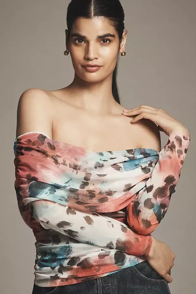 Maeve Long-sleeve Off-shoulder Sheer Top In Multi
