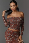 Maeve Long-sleeve Off-the-shoulder Sheer Top In Brown