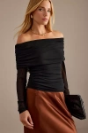 Maeve Long-sleeve Off-the-shoulder Sheer Top In Black