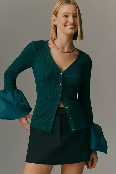 Maeve Long-sleeve Organza Cuff Sweater In Green