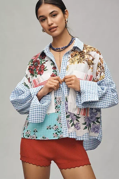 Maeve Long-sleeve Patchwork Tea Towel Buttondown Shirt In Blue