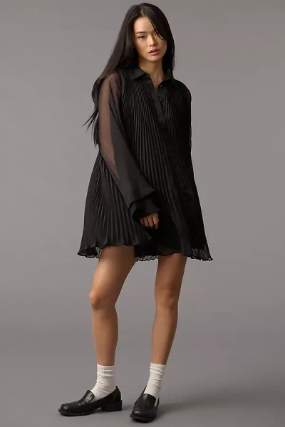 Maeve Long-sleeve Pleated Mini Shirt Dress In Black