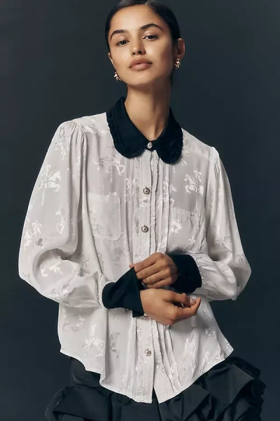 Maeve Long-sleeve Printed Silky Buttondown Blouse In Neutral