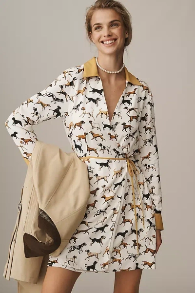 Maeve Long-sleeve Printed Wrap Mini Shirt Dress In White