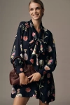 Maeve Long-sleeve Pussybow Floral Mini Dress In Blue