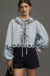 Maeve Long-sleeve Scallop Tie-front Blouse In White