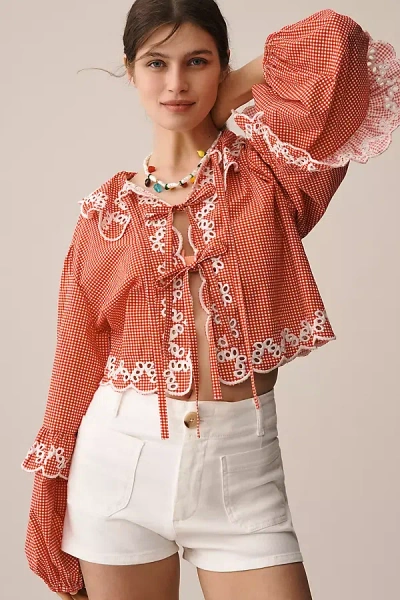 Maeve Long-sleeve Scallop Tie-front Blouse In Red