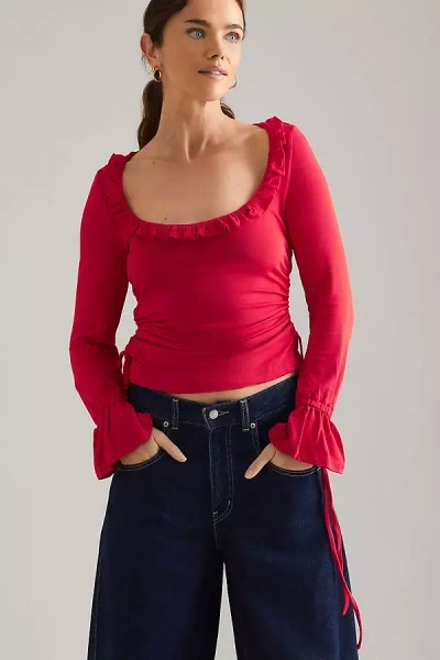 Maeve Long-sleeve Scoop-neck Ruched Top In Red