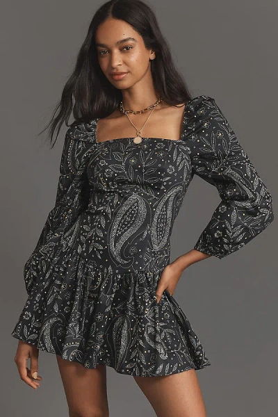 Maeve Long-sleeve Square-neck Drop-waist Mini Dress In Multicolor