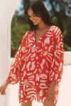 Maeve Long-sleeve Tie-neck Mini Kaftan In Brown