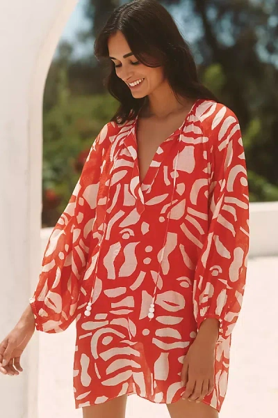 Maeve Long-sleeve Tie-neck Mini Kaftan In Brown