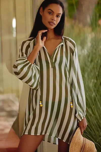 Maeve Long-sleeve Tie-neck Mini Kaftan In Brown