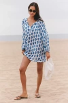 Maeve Long-sleeve Tie-neck Mini Kaftan In Blue