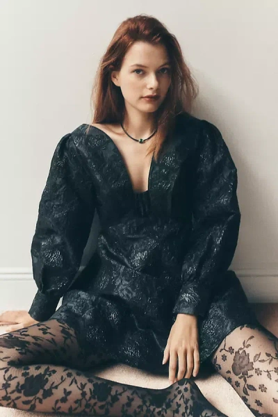 Maeve Long-sleeve V-neck Babydoll Mini Dress In Black