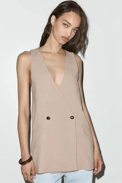 Maeve Longline Blazer Vest Jacket In Brown