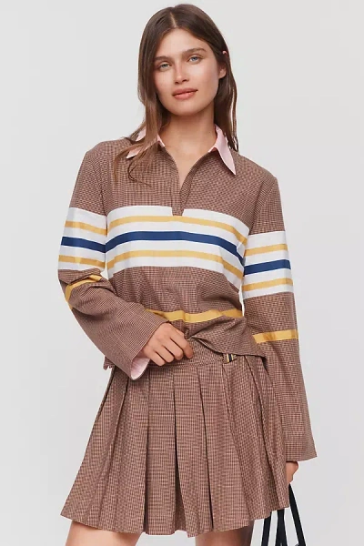 Maeve Long-sleeve Sporty Henley Top In Brown