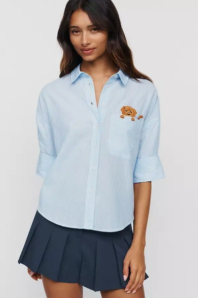 Maeve Mabel Boxy Oxford Embroidered Shirt Top In Blue