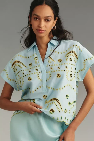 Maeve Maeeve Short-sleeve Boxy Eyelet Popover Blouse In Blue