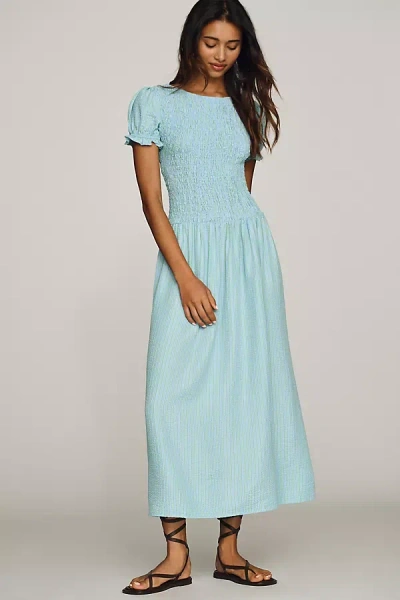 Maeve Margie Smocked Stripe Midi Dress In Blue