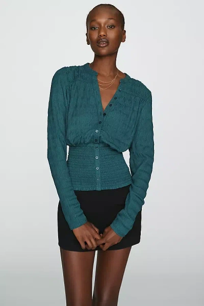 Maeve Market Day Shirred Long-sleeve Top In Blue