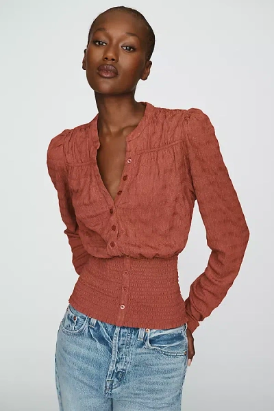 Maeve Market Day Shirred Long-sleeve Top In Brown