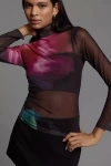 Maeve Mesh Long-sleeve Turtleneck Top In Multicolor