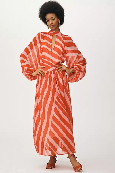 Maeve Mock-neck Bishop-sleeve Maxi Dress In Pink