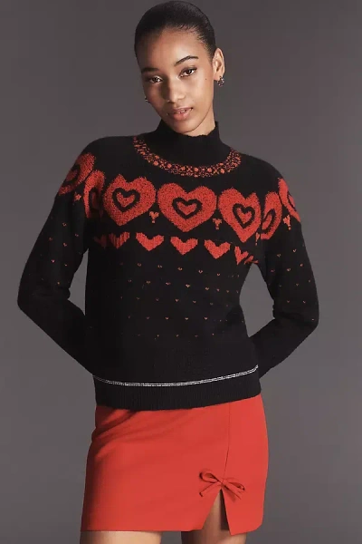 Maeve Mock-neck Metallic Heart Icon Sweater In Black