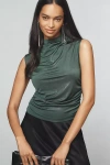 Maeve Mock-neck Ruched Shine Tank Top In Green