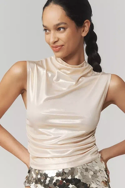 Maeve Mock-neck Ruched Shine Tank Top In White