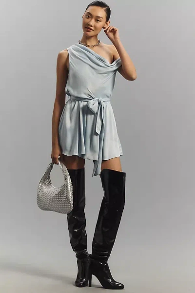 Maeve Off-the-shoulder Draped Belted Satin Playsuit In Blue