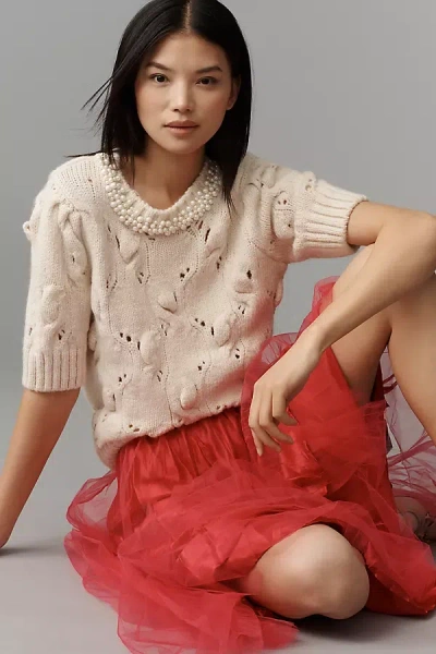 Maeve Pearl Necklace Cable Sweater Tee In White