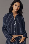 Maeve Pinstripe Silky Buttondown Crop Top In Blue