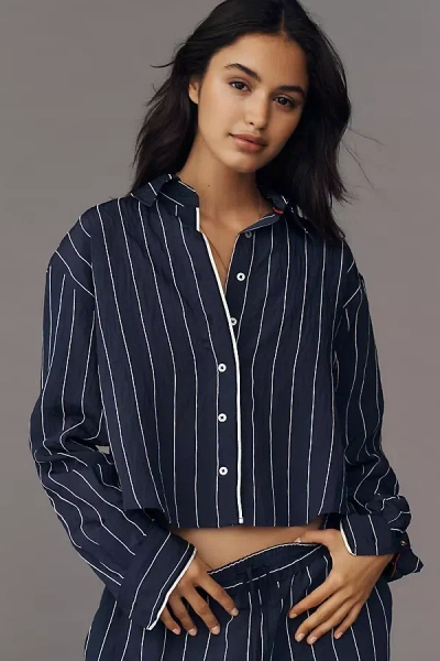 Maeve Pinstripe Silky Buttondown Crop Top In Blue