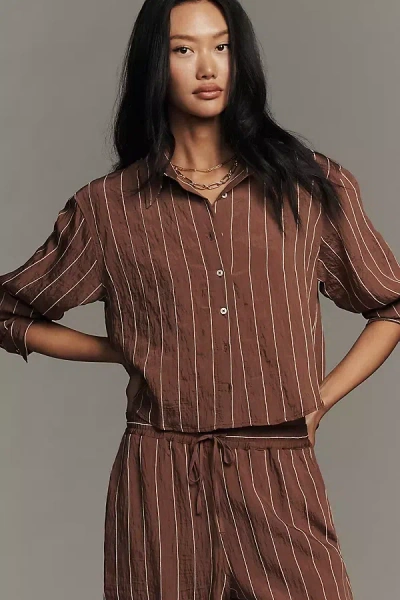 Maeve Pinstripe Silky Buttondown Crop Top In Brown