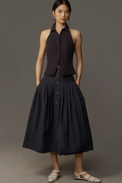 Maeve Pleated Button-front Basque-waist Midi Skirt In Blue
