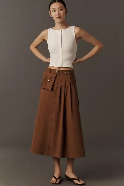 Maeve Pleated Cargo Midi Skirt In Brown