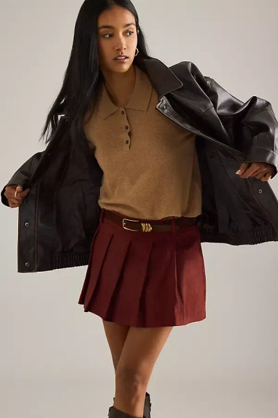 Maeve Pleated Faux-suede Mini Skort In Red