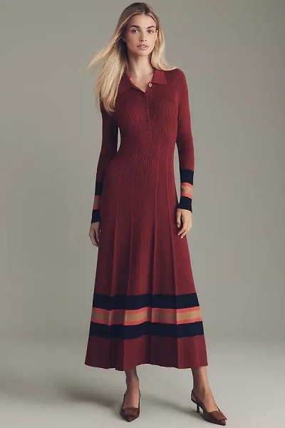Maeve Pleated Long-sleeve Midi Sweater Dress In Red
