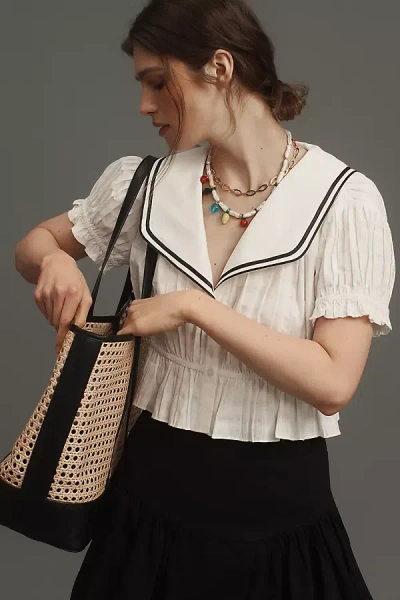 Maeve Pleated Sailor Collar Crop Button-front Top In White
