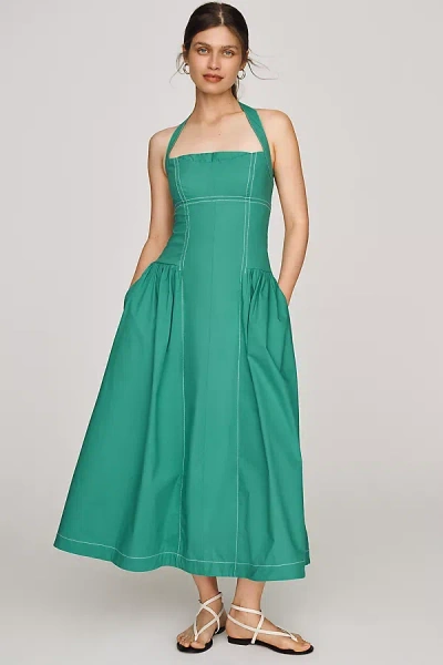 Maeve Poplin Halter Midi Dress In Green