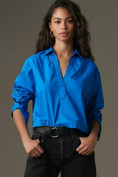 Maeve Poplin Rugby Popover Blouse In Blue