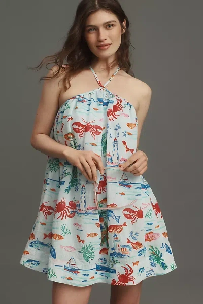 Maeve Printed Halter Swing Mini Dress In Blue