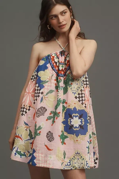 Maeve Printed Halter Swing Mini Dress In Pink